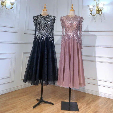 Muslim Black A-Line Midi Luxury Beaded Ankle Length Evening Dresses Gowns 2025 For Women Party LA71290