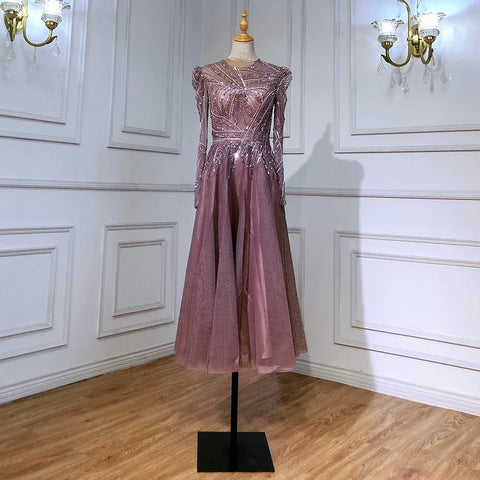 Muslim Black A-Line Midi Luxury Beaded Ankle Length Evening Dresses Gowns 2025 For Women Party LA71290