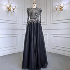 Muslim Black A-Line Midi Luxury Beaded Ankle Length Evening Dresses Gowns 2025 For Women Party LA71290