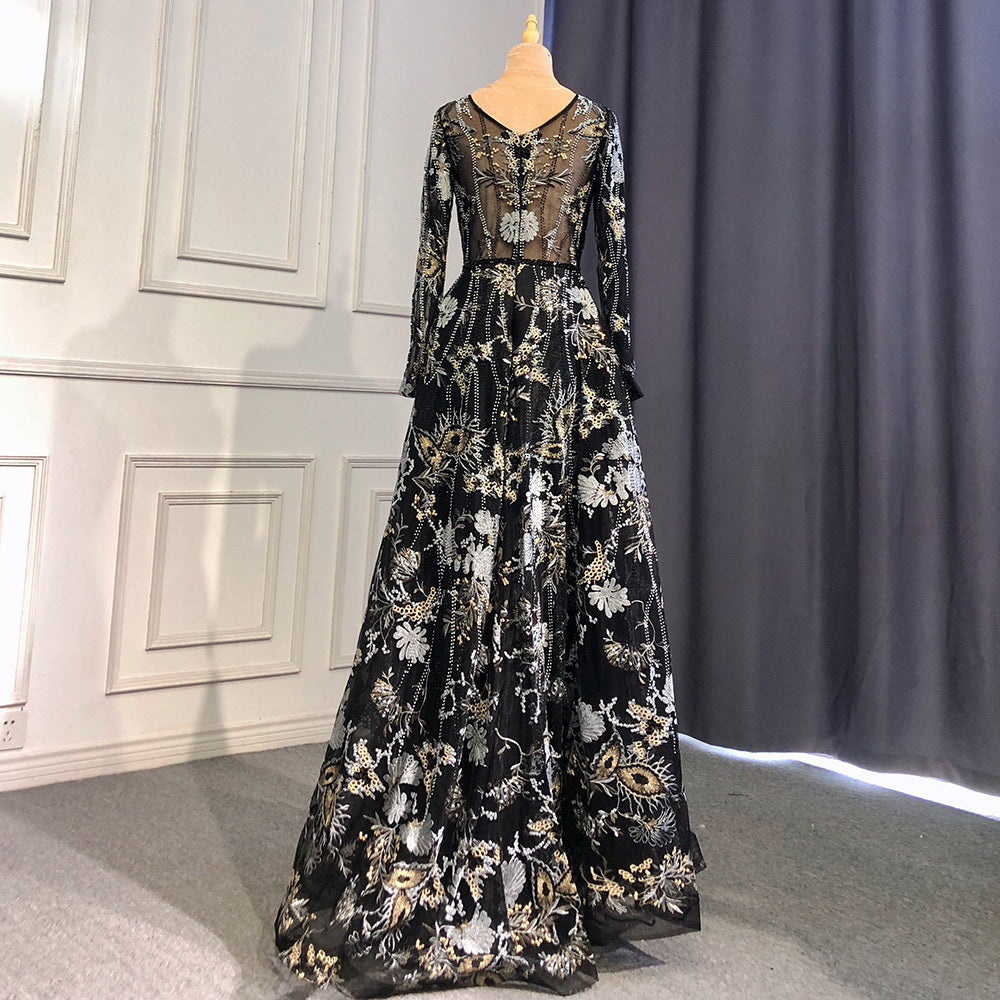 Muslim Black A-Line Sweetheart Necck Evening Dresses Long Arm Gowns 2025 Luxury Beaded For Women Party LA71023A