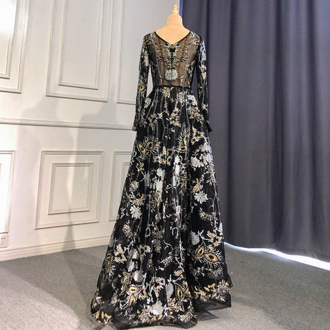 Muslim Black A-Line Sweetheart Necck Evening Dresses Long Arm Gowns 2025 Luxury Beaded For Women Party LA71023A