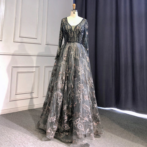 Muslim Black A-Line Sweetheart Necck Evening Dresses Long Arm Gowns 2025 Luxury Beaded For Women Party LA71023A