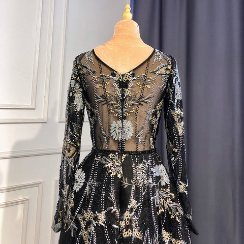 Muslim Black A-Line Sweetheart Necck Evening Dresses Long Arm Gowns 2025 Luxury Beaded For Women Party LA71023A