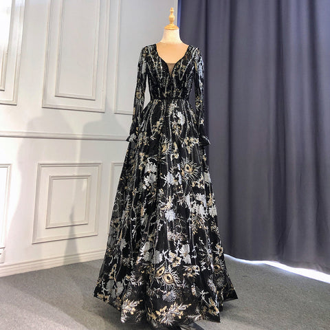 Muslim Black A-Line Sweetheart Necck Evening Dresses Long Arm Gowns 2025 Luxury Beaded For Women Party LA71023A