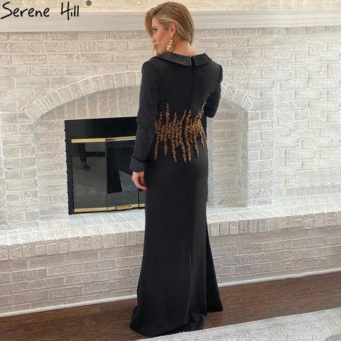 Muslim Black Beaded Evening Dresses Gowns 2025 Satin Mermaid Elegant For Women Party LA71451