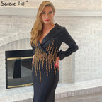 Muslim Black Beaded Evening Dresses Gowns 2025 Satin Mermaid Elegant For Women Party LA71451