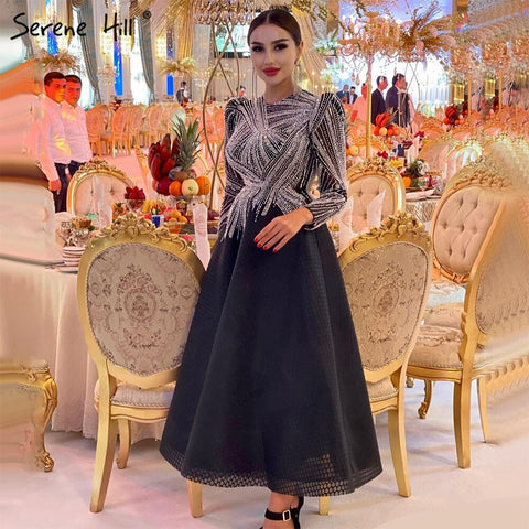 Muslim Black Evening Dresses Gowns 2025 A-Line Beaded Ankle-Length For Women Party LA71290