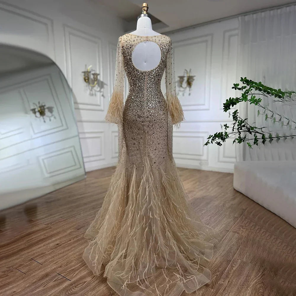 Muslim Silver Feathers Beaded Tassel Luxury Arabic Evening Dress Gown LA60912