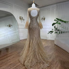 Muslim Silver Feathers Beaded Tassel Luxury Arabic Evening Dress Gown LA60912