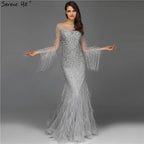 Muslim Silver Feathers Beaded Tassel Luxury Arabic Evening Dress Gown LA60912
