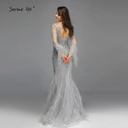 Muslim Silver Feathers Beaded Tassel Luxury Arabic Evening Dress Gown LA60912