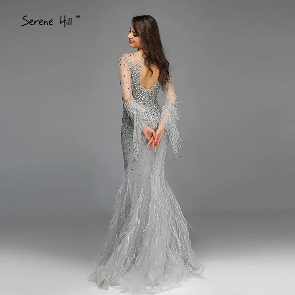 Muslim Silver Feathers Beaded Tassel Luxury Arabic Evening Dress Gown LA60912