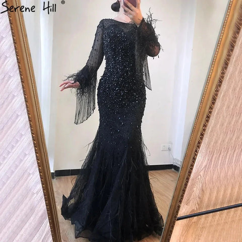 Robe de soirée arabe de luxe à plumes argentées et pompons perlés LA60912