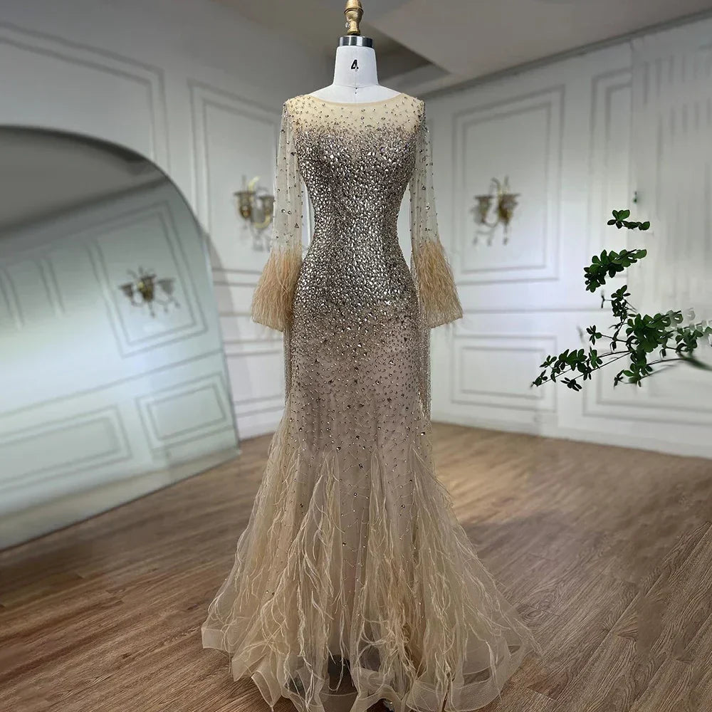 Muslim Silver Feathers Beaded Tassel Luxury Arabic Evening Dress Gown LA60912