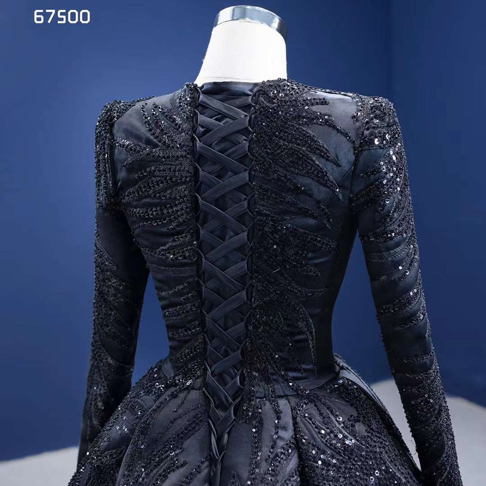 Muslim Black Luxury Lace Beaded Long Sleeves Wedding Dresses Bride Gowns Custom Made Ball Gown 2025 HM67500