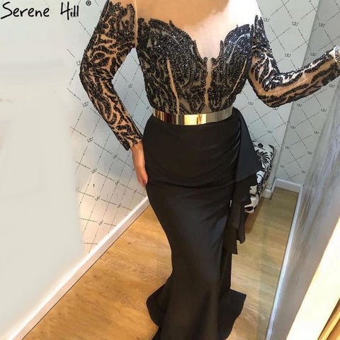 Muslim Black Mermaid Evening Dresses Gowns 2025 Satin Elegant Beaded For Women Party LA71219