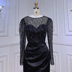 Muslim Black Mermaid Luxury Beaded Satin Evening Dresses Dubai Formal Gowns 2025 For Woman Wedding Party LA72040