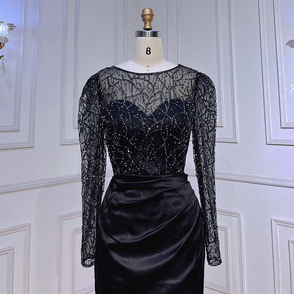 Muslim Black Mermaid Luxury Beaded Satin Evening Dresses Dubai Formal Gowns 2025 For Woman Wedding Party LA72040