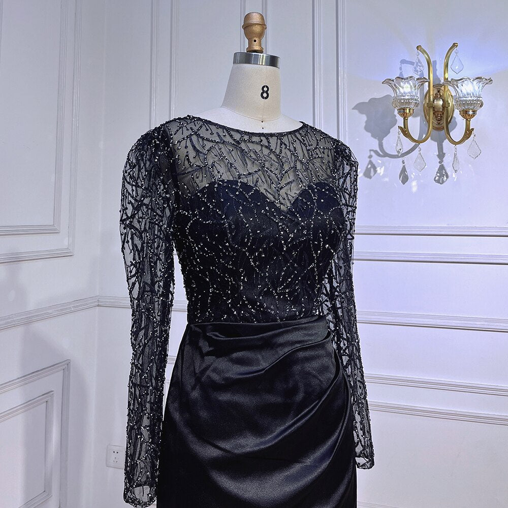 Muslim Black Mermaid Luxury Beaded Satin Evening Dresses Dubai Formal Gowns 2025 For Woman Wedding Party LA72040