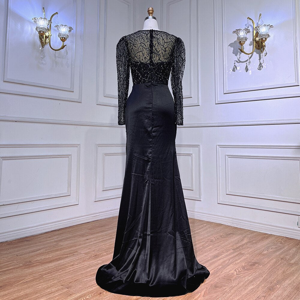 Muslim Black Mermaid Luxury Beaded Satin Evening Dresses Dubai Formal Gowns 2025 For Woman Wedding Party LA72040