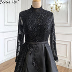 Muslim Black Satin Luxury Evening Dresses Gowns 2025 Beading A-Line For  Women Party LA70919