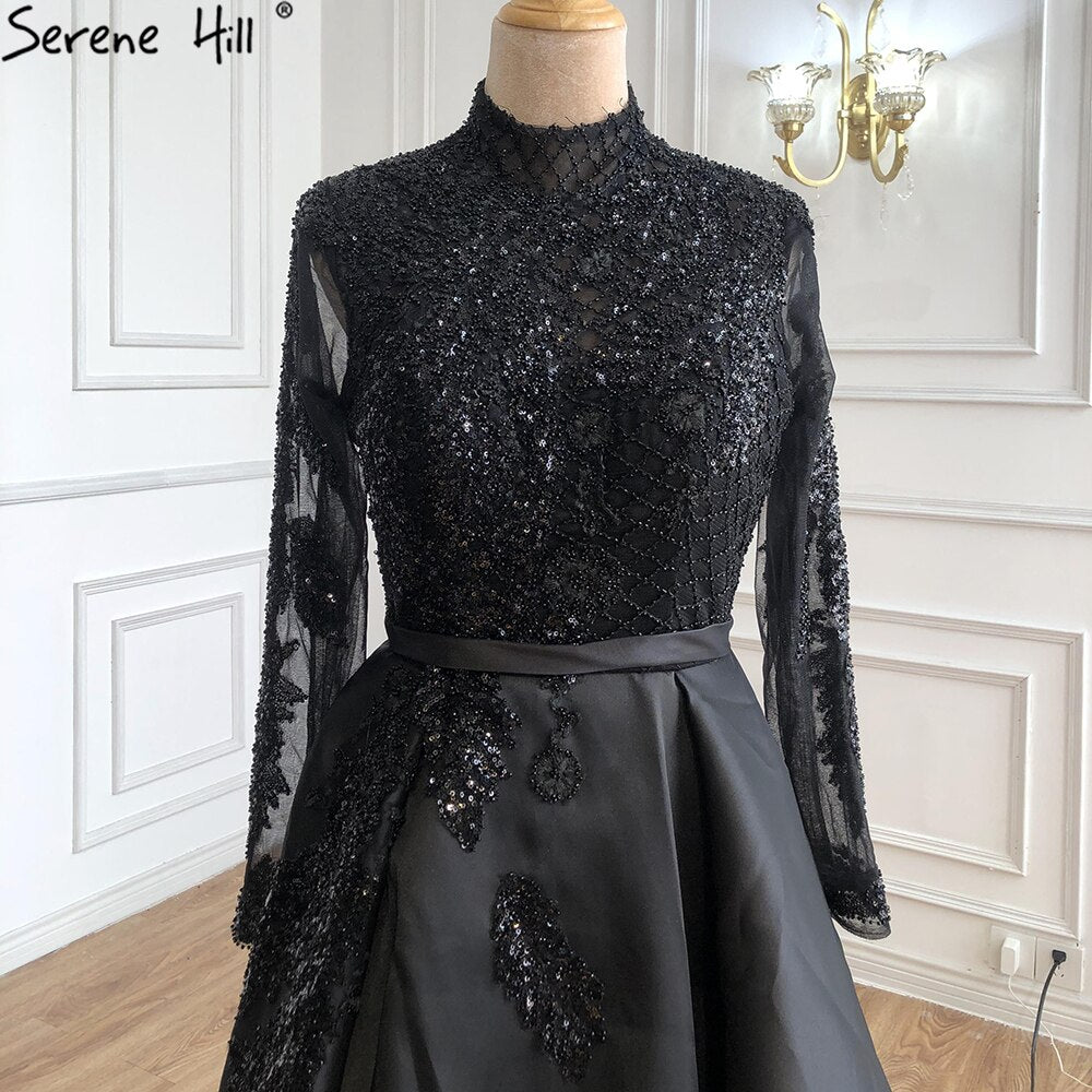 Muslim Black Satin Luxury Evening Dresses Gowns 2025 Beading A-Line For  Women Party LA70919