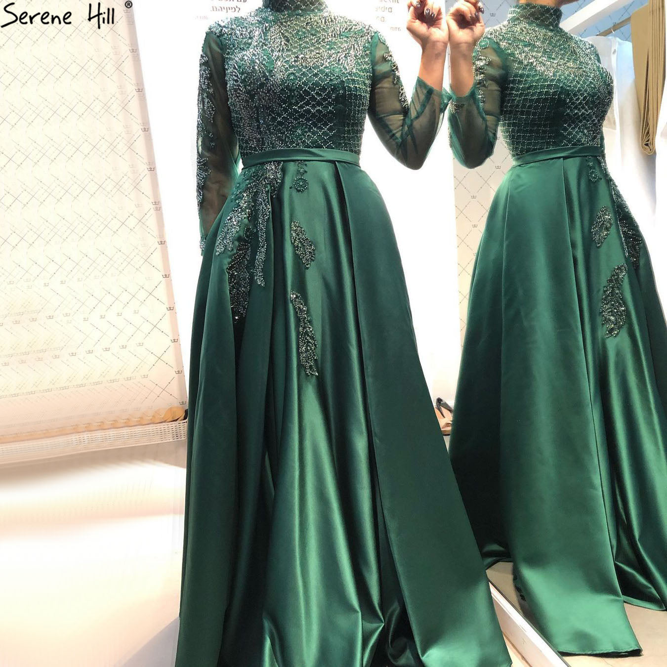 Muslim Black Satin Luxury Evening Dresses Gowns 2025 Beading A-Line For  Women Party LA70919