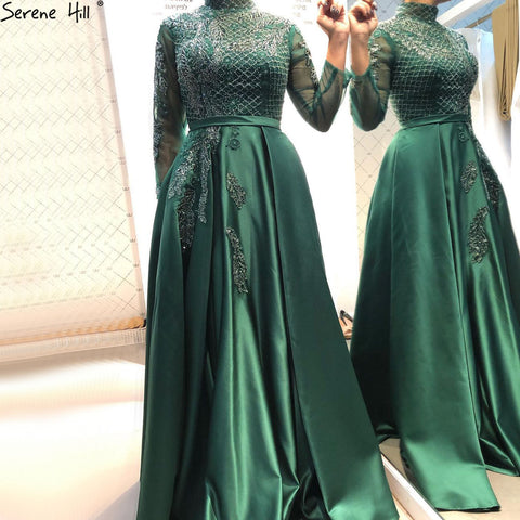 Muslim Black Satin Luxury Evening Dresses Gowns 2025 Beading A-Line For  Women Party LA70919