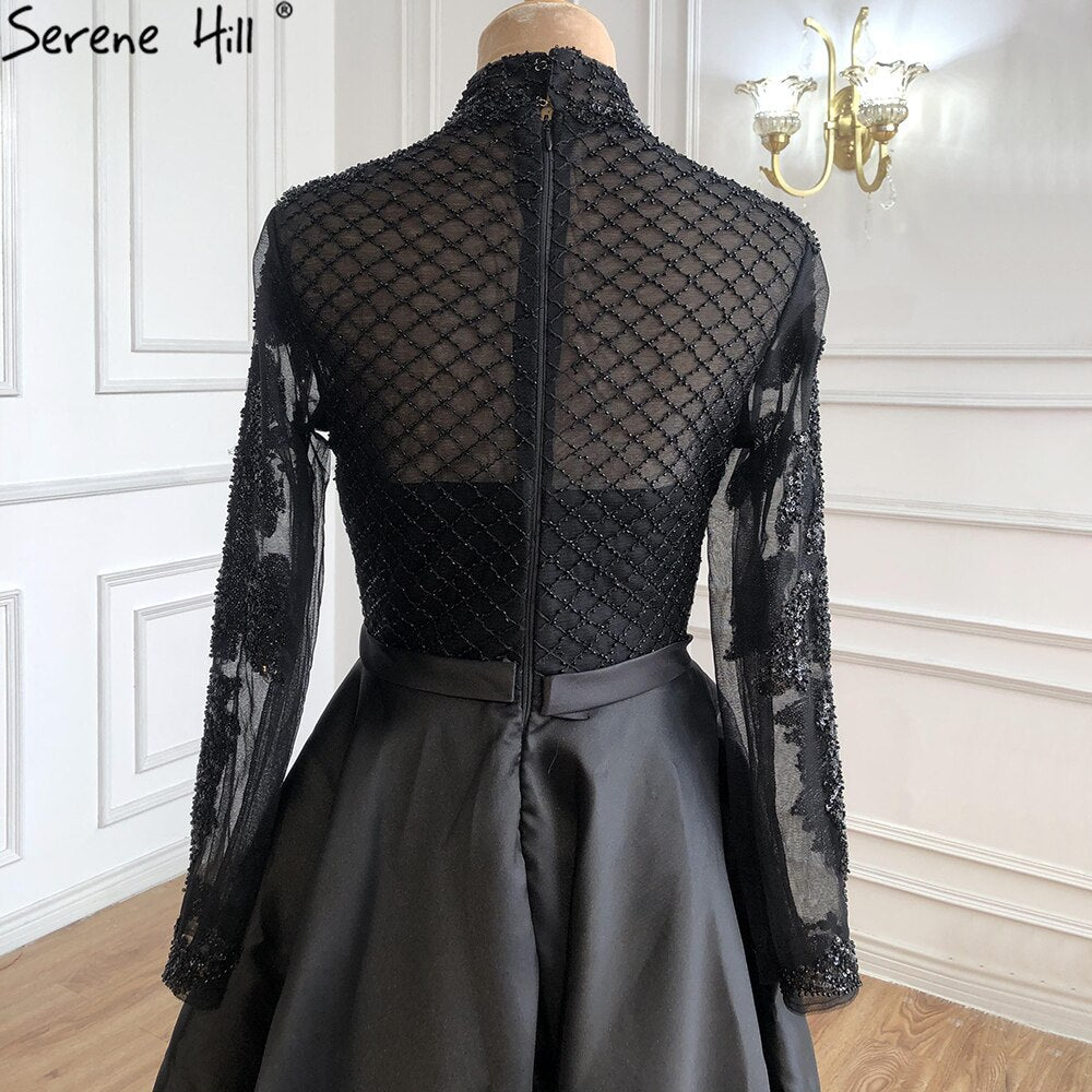 Muslim Black Satin Luxury Evening Dresses Gowns 2025 Beading A-Line For  Women Party LA70919