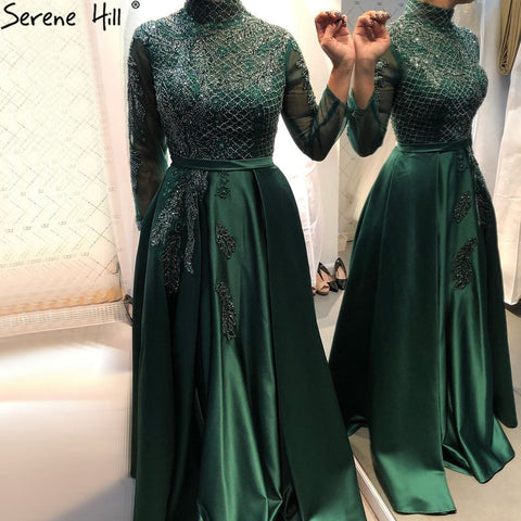 Muslim Black Satin Luxury Evening Dresses Gowns 2025 Beading A-Line For  Women Party LA70919
