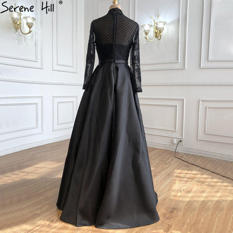 Muslim Black Satin Luxury Evening Dresses Gowns 2025 Beading A-Line For  Women Party LA70919