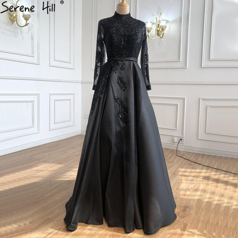 Muslim Black Satin Luxury Evening Dresses Gowns 2025 Beading A-Line For  Women Party LA70919