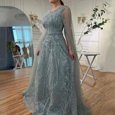 Muslim Blue A Line Cape Sleeves Beaded Luxury Dubai Long Evening Dresses Gowns 2025 For Women Wedding Party LA72153