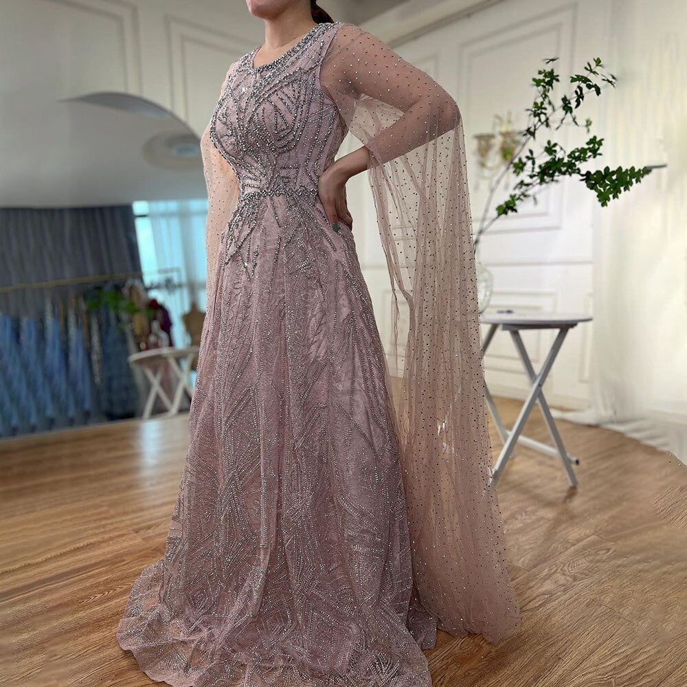 Muslim Blue A Line Cape Sleeves Beaded Luxury Dubai Long Evening Dresses Gowns 2025 For Women Wedding Party LA72153