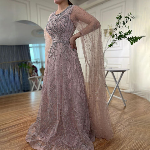 Muslim Blue A Line Cape Sleeves Beaded Luxury Dubai Long Evening Dresses Gowns 2025 For Women Wedding Party LA72153