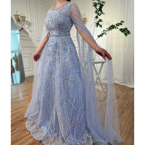 Muslim Blue A Line Cape Sleeves Beaded Luxury Dubai Long Evening Dresses Gowns 2025 For Women Wedding Party LA72153