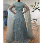 Muslim Blue A Line Cape Sleeves Beaded Luxury Dubai Long Evening Dresses Gowns 2025 For Women Wedding Party LA72153