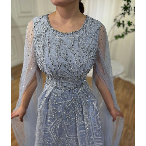 Muslim Blue A Line Cape Sleeves Beaded Luxury Dubai Long Evening Dresses Gowns 2025 For Women Wedding Party LA72153