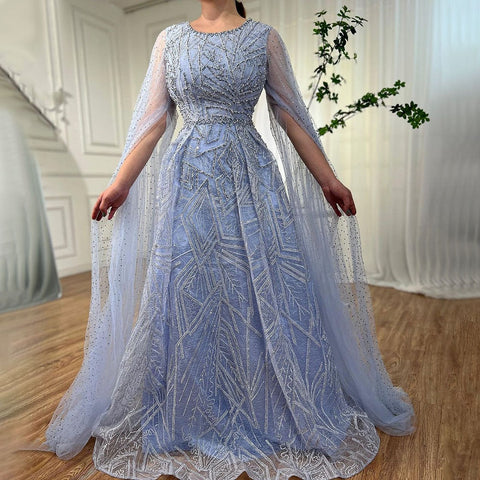Muslim Blue A Line Cape Sleeves Beaded Luxury Dubai Long Evening Dresses Gowns 2025 For Women Wedding Party LA72153