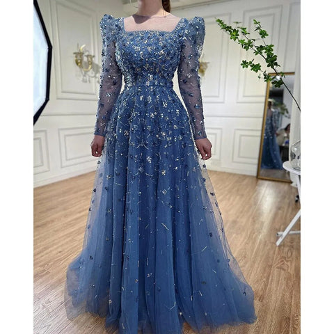 Muslim Blue A Line  Evening Dresses Luxury Beaded  Formal Gowns 2025 For Women Party LA71762A