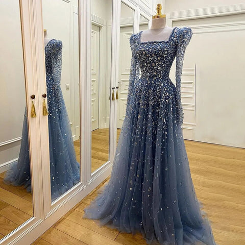 Muslim Blue A Line  Evening Dresses Luxury Beaded  Formal Gowns 2025 For Women Party LA71762A
