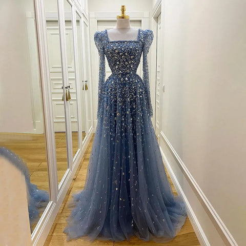 Muslim Blue A Line  Evening Dresses Luxury Beaded  Formal Gowns 2025 For Women Party LA71762A