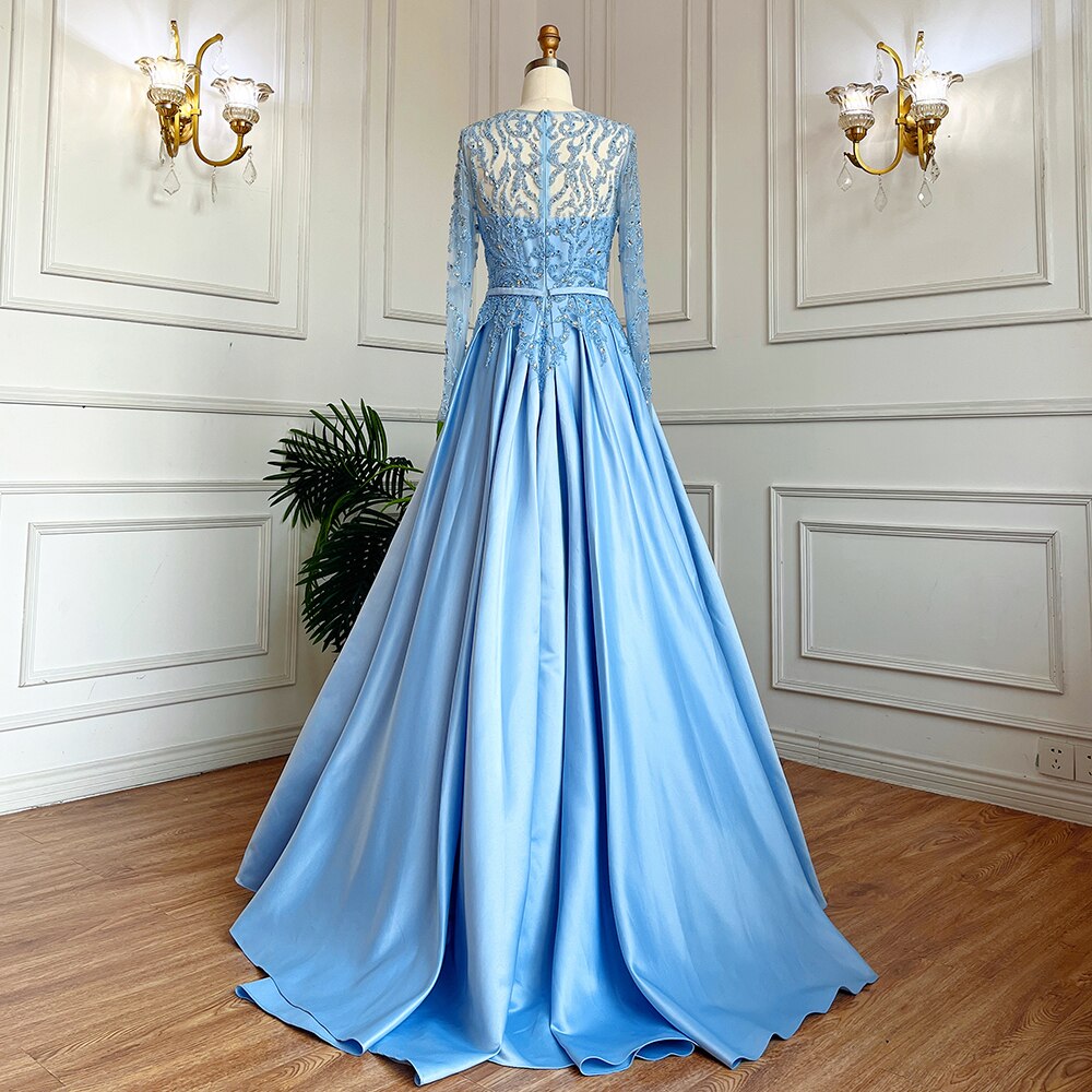 Muslim Blue A Line O Neck Luxury Lace Beaded Arabic Long Evening Dresses Gowns 2025 For Women Wedding Party LA71984