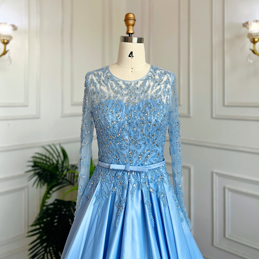 Muslim Blue A Line O Neck Luxury Lace Beaded Arabic Long Evening Dresses Gowns 2025 For Women Wedding Party LA71984