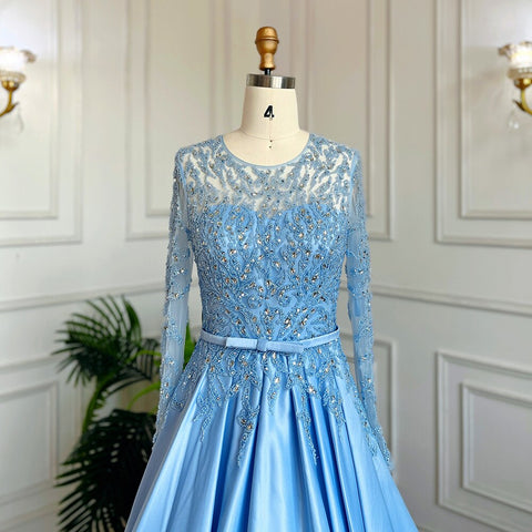 Muslim Blue A Line O Neck Luxury Lace Beaded Arabic Long Evening Dresses Gowns 2025 For Women Wedding Party LA71984