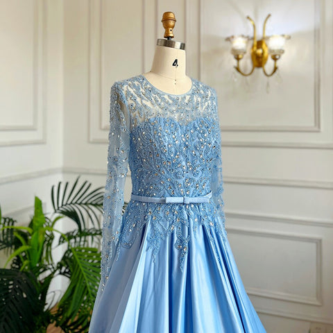 Muslim Blue A Line O Neck Luxury Lace Beaded Arabic Long Evening Dresses Gowns 2025 For Women Wedding Party LA71984