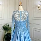 Muslim Blue A Line O Neck Luxury Lace Beaded Arabic Long Evening Dresses Gowns 2025 For Women Wedding Party LA71984