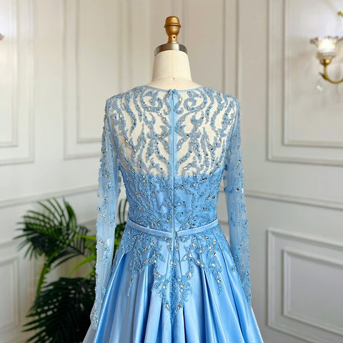 Muslim Blue A Line O Neck Luxury Lace Beaded Arabic Long Evening Dresses Gowns 2025 For Women Wedding Party LA71984