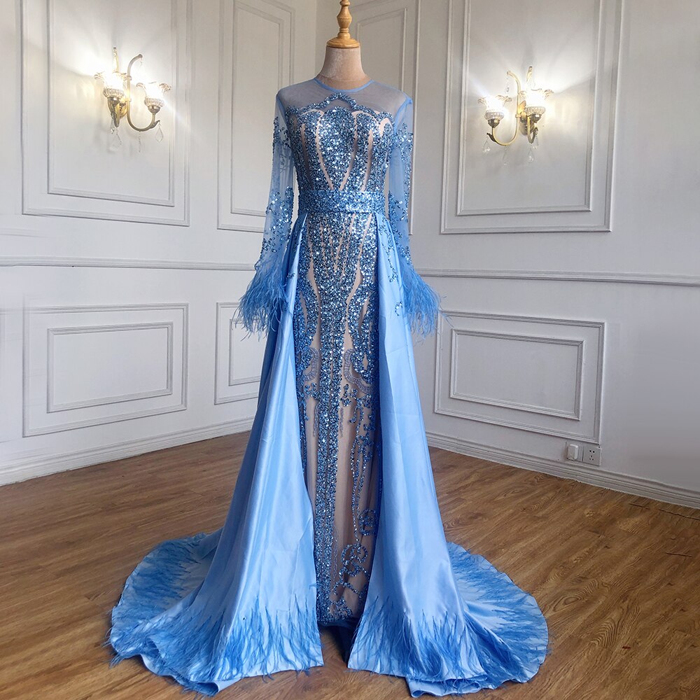 Muslim Blue Detachable Skirt Evening Dresses Gowns 2025 Feathers Beaded  Mermaid Luxury For Women Party LA60932A