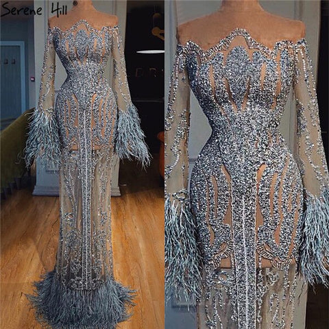 Muslim Blue Detachable Skirt Evening Dresses Gowns 2025 Feathers Beaded  Mermaid Luxury For Women Party LA60932A